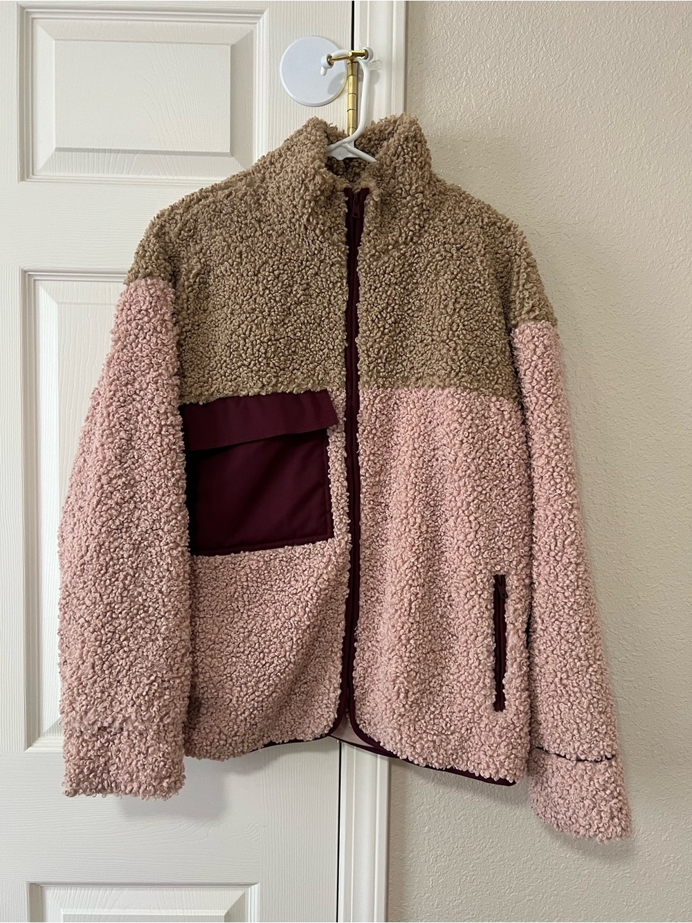 For Love & Lemons Colorblock Teddy Sherpa Jacket Pink Tan Burgundy Size Medium